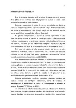 28 
4 RESULTADOS E DISCUSSÃO 
Das 48 amostras de mãos e 48 amostras de placas de corte, apenas duas (2%) foram positivas para Staphylococcus aureus, e essas eram proveniente de mãos de manipuladoras. 
Embora a quantidade de cepas S. aureus encontradas ser baixa, a presença desse microrganismo é preocupante em função deste estar presente nas mãos de manipuladoras, pois podem chegar até os alimentos se não houver uma higiene adequada das mãos. (referenciar) 
No gênero Staphylococcus, a espécie S. aureus é produtora de uma série de outras enzimas e toxinas, é a mais conhecida, e frequentemente implicada na etiologia de uma série de infecções e intoxicações no homem e nos animais, enquanto que os estafilococos coagulase-negativa (ECN) têm sido considerados saprófitas ou raramente patogênicos (CUNHA et al, 2002). 
Por esse microrganismo estar presente na pele do homem e estar resistente a antibióticos, torna-se preocupante, pois, o número de infecções causadas por ele aumenta mais, sendo considerado como um dos maiores causadores de intoxicações e infecções (SVS,2011). 
Das amostras analisadas houve presença de Staphylococcus coagulase – negativa em mãos (34%) e placas de corte (21%). Assim tornando esse uma preocupação para as escolas envolvidas no trabalho, pois, conforme, Cunha et al (2002), esses resultados são preocupantes, pois Staphylococcus coagulase negativa (SCoN) têm se tornado uma das causas mais freqüentes de infecções nos últimos anos. Somente a partir da década de 70 passaram a ser reconhecidos como agentes importantes (CORDEIRO, 2007). 
Estudos evidenciaram espécies coagulase negativas, capazes de produzir toxinas em condições laboratoriais, como S. xylosus, S. haemolyticus, S. epidermidis, S. cohnii, S. chromogenes, S. warneri, S. sciuri e S. lentus (PEREIRA et al., 2001). 
As enterotoxinas estafilocócicas são proteínas extracelulares de baixo peso molecular, hidrossolúveis e resistentes à ação de enzimas proteolíticas do sistema digestivo, permanecendo ativas após a ingestão. Outra característica  