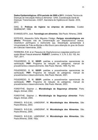 35 
Dados Epidemiológicos -DTA período de 2000 a 2011. Unidade Técnica de Doenças de Veiculação Hídrica e Alimentar –UHA, Coordenação Geral de Doenças Transmissíveis –CGDT, Secretaria de Vigilância em Saúde –SVS, 2011. 
DIAS, D. Práticas de higiene na empresa de alimentos. Cuiabá: SEBRAE/MT, 1999 
EVANGELISTA, José. Tecnologia em alimentos. São Paulo: Atheneu, 2008. 
ESTEVES, Alexandra Sofia Miguéns Fidalgo. Perigos microbiológicos em alheira: Principais vias de contaminação por Staphylococcus aureus, Clostridium perfringens e Salmonella spp. Dissertação apresentada à Universidade de Trás-os-Montes e Alto Douro para obtenção do grau de Doutor em Ciências Veterinárias, 2005. 
FERREIRA, R.M. et al. Pesquisa de Staphylococcus coagulase positiva em queijo Minas Frescal artesanal. PUBVET, Londrina, V. 5, N. 5, Ed. 152, Art. 1021, 2011. 
FIGUEIREDO, R. M. SSOP: padrões e procedimentos operacionais de sanitização; PRP: Programa de redução de patógenos; manual de procedimentos e desenvolvimento. São Paulo: Manole, 1999. Pg 164. 
FIGUEIREDO, R. M. SSOP: padrões e procedimentos operacionais de sanitização; PRP: Programa de redução de patógenos; manual de procedimentos e desenvolvimento. São Paulo: Manole, 2001. 
FIGUEIREDO, R. M. SSOP: padrões e procedimentos operacionais de sanitização; PRP: Programa de redução de patógenos; manual de procedimentos e desenvolvimento. São Paulo: Manole, 2003. 
FORSYTHE, Stephen J.. Microbiologia da Segurança alimentar. Porto Alegre: Artmed, 2002. 
FORSYTHE, Stephen J.. Microbiologia da Segurança alimentar. Porto Alegre: Artmed, 2005. 
FRANCO, B.D.G.M.; LANDGRAF, M. Microbiologia dos Alimentos. São Paulo:Atheneu, 2003. 
FRANCO, B.D.G.M.; LANDGRAF, M. Microbiologia dos Alimentos. São Paulo:Atheneu, 2005. 
FRANCO, B.D.G.M.; LANDGRAF, M. Microbiologia dos Alimentos. São Paulo:Atheneu, 2008. 182p. 
 