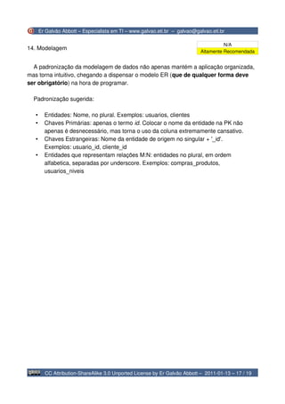 Er Galvão Abbott – Especialista em TI – www.galvao.eti.br – galvao@galvao.eti.br

                                                                                      N/A
14. Modelagem
                                                                            Altamente Recomendada


  A padronização da modelagem de dados não apenas mantém a aplicação organizada,
mas torna intuitivo, chegando a dispensar o modelo ER (que de qualquer forma deve
ser obrigatório) na hora de programar.

  Padronização sugerida:

   •     Entidades: Nome, no plural. Exemplos: usuarios, clientes
   •     Chaves Primárias: apenas o termo id. Colocar o nome da entidade na PK não
         apenas é desnecessário, mas torna o uso da coluna extremamente cansativo.
   •     Chaves Estrangeiras: Nome da entidade de origem no singular + '_id'.
         Exemplos: usuario_id, cliente_id
   •     Entidades que representam relações M:N: entidades no plural, em ordem
         alfabetica, separadas por underscore. Exemplos: compras_produtos,
         usuarios_niveis




         CC Attribution-ShareAlike 3.0 Unported License by Er Galvão Abbott – 2011-01-13 – 17 / 19
 