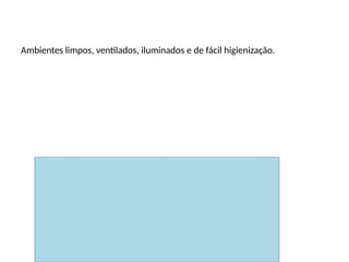 Instalações e equipamentos
Ambientes limpos, ventilados, iluminados e de fácil higienização.
 