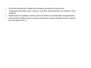 • No final de cada período, reflexão dos resultados por docente de cada turma;
• Cooperação sistemática entre a Escola e as Família: presencialmente, por telefone, email,
facebook;
• Publicitação dos resultados escolares, planos de melhoria e autoavaliação do Agrupamento;
• Manutenção do Edifício escolar e recreios recorrendo a mecenas (doação de tintas, materiais
de construção, outros,…).
7
 