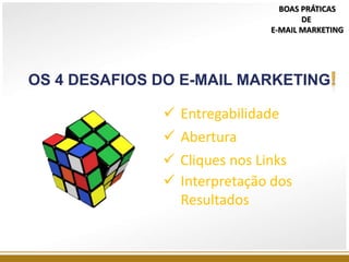 OS 4 DESAFIOS DO E-MAIL MARKETING
BOAS PRÁTICAS
DE
E-MAIL MARKETING
 Entregabilidade
 Abertura
 Cliques nos Links
 Interpretação dos
Resultados
 