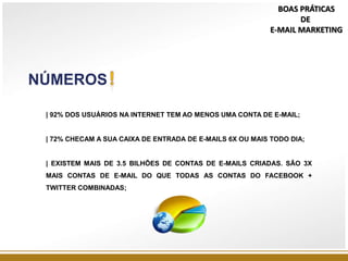 NÚMEROS
| 92% DOS USUÁRIOS NA INTERNET TEM AO MENOS UMA CONTA DE E-MAIL;
| 72% CHECAM A SUA CAIXA DE ENTRADA DE E-MAILS 6X OU MAIS TODO DIA;
| EXISTEM MAIS DE 3.5 BILHÕES DE CONTAS DE E-MAILS CRIADAS. SÃO 3X
MAIS CONTAS DE E-MAIL DO QUE TODAS AS CONTAS DO FACEBOOK +
TWITTER COMBINADAS;
BOAS PRÁTICAS
DE
E-MAIL MARKETING
 