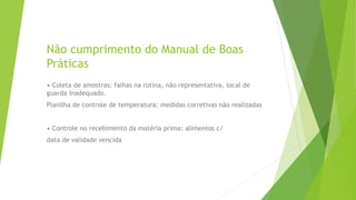 Não cumprimento do Manual de Boas
Práticas
• Coleta de amostras: falhas na rotina, não representativa, local de
guarda inadequado.
Planilha de controle de temperatura: medidas corretivas não realizadas
• Controle no recebimento da matéria prima: alimentos c/
data de validade vencida
 