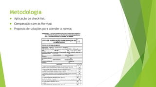 Metodologia
 Aplicação de check-list;
 Comparação com as Normas;
 Proposta de soluções para atender a norma;
 