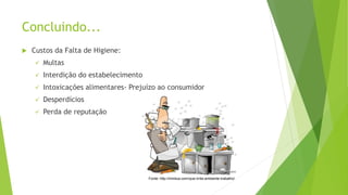 Concluindo...
 Custos da Falta de Higiene:
 Multas
 Interdição do estabelecimento
 Intoxicações alimentares- Prejuízo ao consumidor
 Desperdícios
 Perda de reputação
Fonte: http://minilua.com/que-irrita-ambiente-trabalho/
 