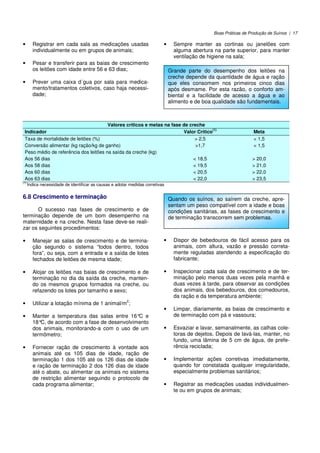 Boas Práticas de Produção de Suínos | 17
• Registrar em cada sala as medicações usadas
individualmente ou em grupos de animais;
• Pesar e transferir para as baias de crescimento
os leitões com idade entre 56 e 63 dias;
• Prever uma caixa d´gua por sala para medica-
mento/tratamentos coletivos, caso haja necessi-
dade;
• Sempre manter as cortinas ou janelões com
alguma abertura na parte superior, para manter
ventilação de higiene na sala;
Valores críticos e metas na fase de creche
Indicador Valor Crítico
(1)
Meta
Taxa de mortalidade de leitões (%) > 2,5 < 1,5
Conversão alimentar (kg ração/kg de ganho) >1,7 < 1,5
Peso médio de referência dos leitões na saída da creche (kg)
Aos 56 dias < 18,5 > 20,0
Aos 58 dias < 19,5 > 21,0
Aos 60 dias < 20,5 > 22,0
Aos 63 dias < 22,0 > 23,5
(1)
Indica necessidade de identificar as causas e adotar medidas corretivas
6.8 Crescimento e terminação
O sucesso nas fases de crescimento e de
terminação depende de um bom desempenho na
maternidade e na creche. Nesta fase deve-se reali-
zar os seguintes procedimentos:
• Manejar as salas de crescimento e de termina-
ção segundo o sistema “todos dentro, todos
fora”, ou seja, com a entrada e a saída de lotes
fechados de leitões de mesma idade;
• Alojar os leitões nas baias de crescimento e de
terminação no dia da saída da creche, manten-
do os mesmos grupos formados na creche, ou
refazendo os lotes por tamanho e sexo;
• Utilizar a lotação mínima de 1 animal/m
2
;
• Manter a temperatura das salas entre 16°C e
18°C, de acordo com a fase de desenvolvimento
dos animais, monitorando-a com o uso de um
termômetro;
• Fornecer ração de crescimento à vontade aos
animais até os 105 dias de idade, ração de
terminação 1 dos 105 até os 126 dias de idade
e ração de terminação 2 dos 126 dias de idade
até o abate, ou alimentar os animais no sistema
de restrição alimentar seguindo o protocolo de
cada programa alimentar;
• Dispor de bebedouros de fácil acesso para os
animais, com altura, vazão e pressão correta-
mente reguladas atendendo a especificação do
fabricante;
• Inspecionar cada sala de crescimento e de ter-
minação pelo menos duas vezes pela manhã e
duas vezes à tarde, para observar as condições
dos animais, dos bebedouros, dos comedouros,
da ração e da temperatura ambiente;
• Limpar, diariamente, as baias de crescimento e
de terminação com pá e vassoura;
• Esvaziar e lavar, semanalmente, as calhas cole-
toras de dejetos. Depois de lavá-las, manter, no
fundo, uma lâmina de 5 cm de água, de prefe-
rência reciclada;
• Implementar ações corretivas imediatamente,
quando for constatada qualquer irregularidade,
especialmente problemas sanitários;
• Registrar as medicações usadas individualmen-
te ou em grupos de animais;
Grande parte do desempenho dos leitões na
creche depende da quantidade de água e ração
que eles consomem nos primeiros cinco dias
após desmame. Por esta razão, o conforto am-
biental e a facilidade de acesso a água e ao
alimento e de boa qualidade são fundamentais.
Quando os suínos, ao saírem da creche, apre-
sentam um peso compatível com a idade e boas
condições sanitárias, as fases de crescimento e
de terminação transcorrem sem problemas.
 