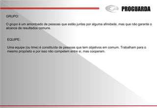 GRUPO:
O grupo é um amontoado de pessoas que estão juntas por alguma afinidade, mas que não garante o
alcance de resultados comuns.
EQUIPE:
Uma equipe (ou time) é constituída de pessoas que tem objetivos em comum. Trabalham para o
mesmo propósito e por isso não competem entre si, mas cooperam.
 