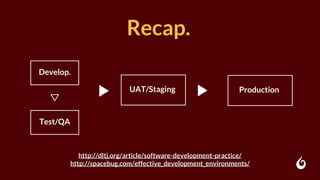 Recap.
Develop.
Test/QA
http://dltj.org/article/software-development-practice/
http://spacebug.com/effective_development_environments/
ProductionUAT/Staging
 