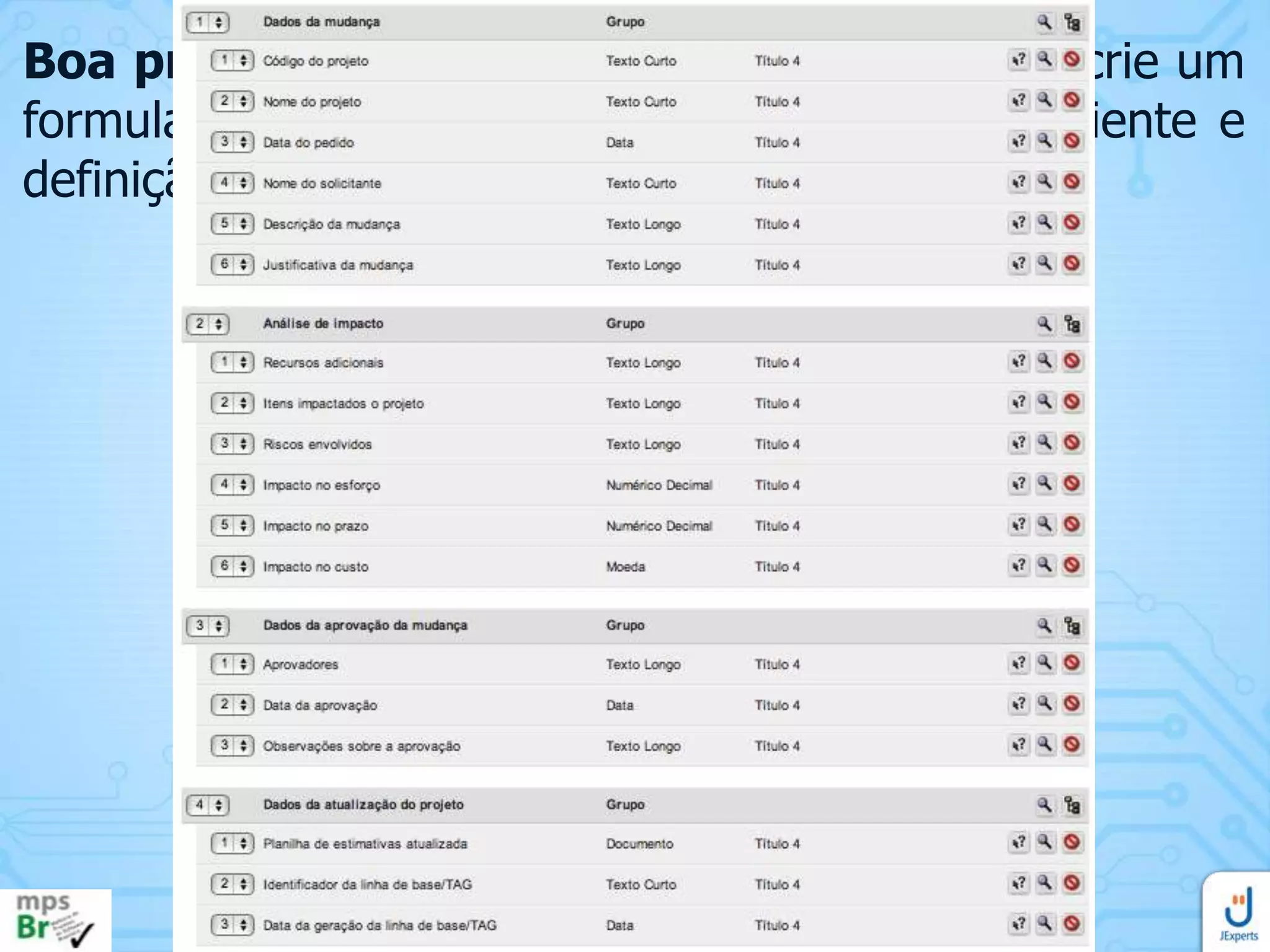 Boa prática - GRE 2: Para apoiar o processo, crie um
formulário para registro das necessidades do cliente e
definição da mudança

 