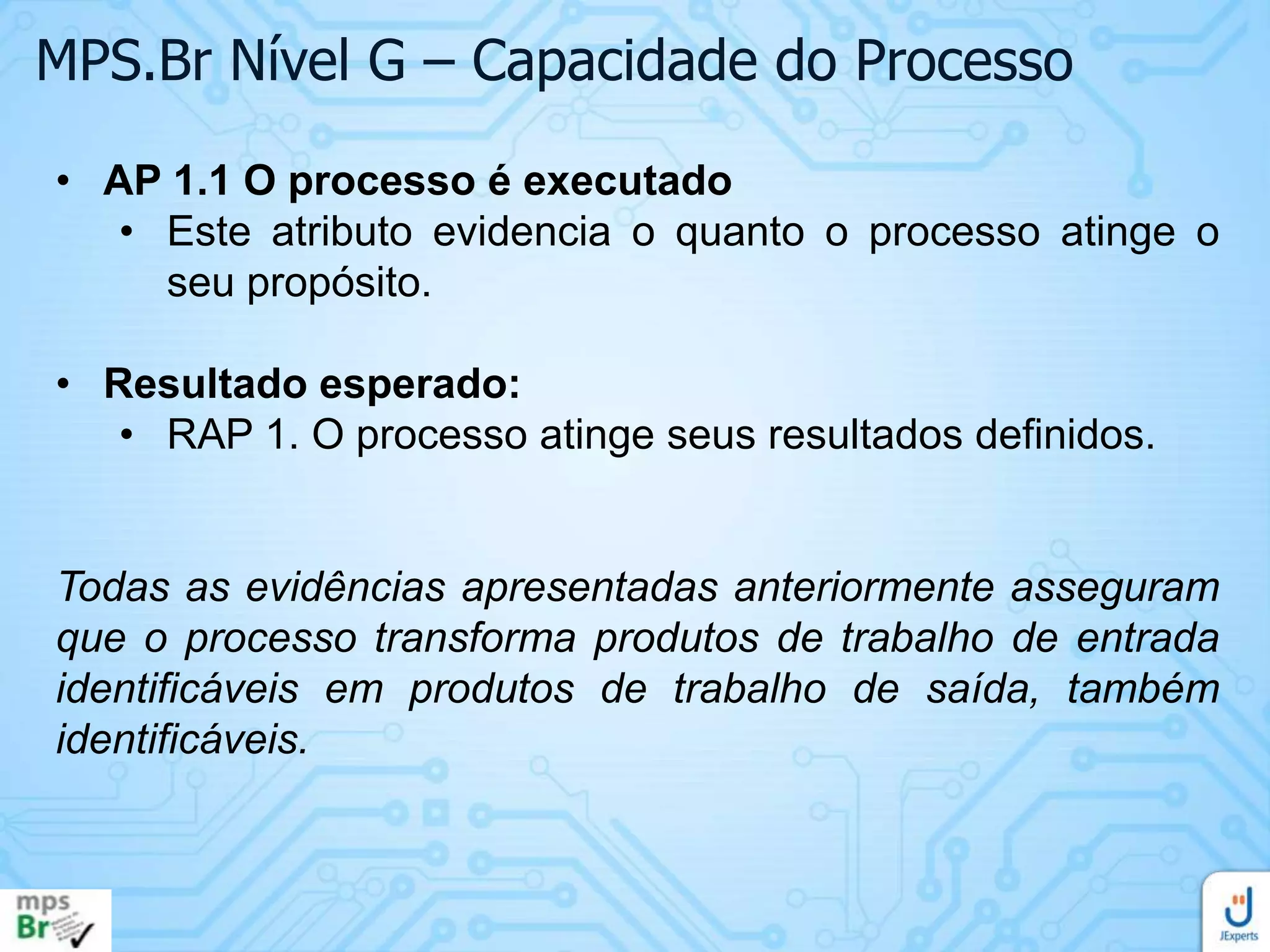 MPS.Br Nível G – Capacidade do Processo
• AP 1.1 O processo é executado
• Este atributo evidencia o quanto o processo atinge o
seu propósito.
• Resultado esperado:
• RAP 1. O processo atinge seus resultados definidos.

Todas as evidências apresentadas anteriormente asseguram
que o processo transforma produtos de trabalho de entrada
identificáveis em produtos de trabalho de saída, também
identificáveis.

 