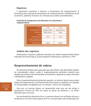 BOAS PRÁTICAS
PARA SEGURANÇA
DOS ALIMENTOS
100
Registros
É importante monitorar e registrar a temperatura de reaquecimento. O
formulário para controle de temperatura no reaquecimento é semelhante ao do
cozimento, podendo inclusive ser utilizado para ambos procedimentos.
Controle de temperatura de alimentos no cozimento e
reaquecimento
Data 17/01 17/01
PROCEDIMENTO Reaquecimento Reaquecimento
Produto Molho branco Feijão
HORA – –
Temperatura 81ºC 79ºC
Ação corretiva
ou observação
– –
Responsável Higino Higino
Análise dos registros
Analisando os registros, podemos constatar que ambos reaquecimentos foram
realizados de forma segura, já que atingiram temperaturas superiores à 70ºC.
Reaproveitamento de sobras
Os alimentos prontos para reposição que não tenham sido distribuídos podem
ser considerados sobras, sendo o reaproveitamento permitido somente para
aqueles que tenham sido monitorados corretamente, seguindo as regras de tempo
e temperatura exigidos.
Para o reaproveitamento de alimentos quentes, os mesmos devem passar pelas
etapas de reaquecimento e resfriamento de forma rigorosa, podendo, em seguida,
ser armazenados em geladeira por no máximo 1 dia ou ser congelados.
Para uso, os mesmos devem ser reaquecidos mais uma vez até atingir a
temperatura mínima de 70º
C em todas as partes do alimento e, só então,
liberados para consumo.
Na reutilização de alimentos frios, os mesmos devem ser resfriados até que a
temperatura no centro fique abaixo de 5º
C e armazenados sob refrigeração por
 
