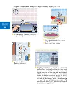 BOAS PRÁTICAS
PARA SEGURANÇA
DOS ALIMENTOS
26
As principais maneiras de evitar doenças causadas por parasitos são:
	 cozinhar bem os alimentos, seguindo o
tempo e a temperatura recomendados;
	 higienizar adequadamente frutas e
verduras;
	 fazer uso de água tratada;
	 praticar boa higiene
pessoal e ambiental;
	 congelar peixes e carnes, que serão consumidos crus
ou mal cozidos, à baixíssimas temperaturas, por tempo
controlado para inativar alguns ­parasitos encontrados
nesses alimentos. A Food and Drug Administration
(FDA – órgão responsável por alimentos nos Estados
Unidos) recomenda que todo o pescado ou marisco
que será ingerido cru ou mal cozido, deve passar por
processo de congelamento rápido a temperaturas de
–35ºC, por 15 horas, ou congelamento normal a –20ºC,
por período de sete dias para inativar alguns ­parasitos
encontrados nesses alimentos.
 