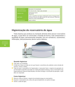BOAS PRÁTICAS
PARA SEGURANÇA
DOS ALIMENTOS
52
Equipamento Bancadas de manipulação
Periodicidade No início do dia / Após cada atividade
Produtos
Detergente neutro
Álcool 70º
Método
Lavar a superfície com água e detergente neutro. Enxaguar bem.
Escorrer o excesso de água através de rodo exclusivo. Pulverizar
álcool 70º. Secar naturalmente.
Responsável Quem utilizou
Higienização do reservatório de água
Toda empresa que produza ou manipule alimento deve possuir reservatório
de água, o qual deve ser construído e mantido de forma a não comprometer a
qualidade da água, permanecendo tampado, livre de rachaduras, vazamentos,
infiltrações, descascamentos dentre outros defeitos.
Quando higienizar
	Logo após sua instalação.
	A cada seis meses ou toda vez em que houver a ocorrência de acidentes como entrada de
animais, insetos e folhas.
	Toda vez que o reservatório for higienizado, é necessário fazer o registro da operação em
um formulário específico que pode ser criado pela própria empresa. Caso o reservatório seja
higienizado por empresa especializada, esta deve entregar o certificado da operação, o qual
deve ser arquivado.
Como higienizar
	Amarrar a bóia ou fechar o registro de entrada de água no reservatório.
	Esvaziar o reservatório até a altura de aproximadamente um palmo de água.
	 Fechar a saída de água.
 