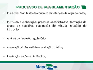 PROCESSO DE REGULAMENTAÇÃO
• Iniciativa: Manifestação concreta da intenção de regulamentar;
• Instrução e elaboração: processo administrativo, formação de
grupo de trabalho, elaboração de minuta, relatório de
instrução;
• Análise do impacto regulatório;
• Aprovação do Secretário e avaliação jurídica;
• Realização de Consulta Pública;
 