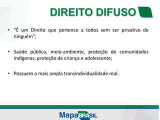 DIREITO DIFUSO
• “É um Direito que pertence a todos sem ser privativo de
ninguém”;
• Saúde pública, meio-ambiente, proteção de comunidades
indígenas, proteção de criança e adolescente;
• Possuem a mais ampla transindividualidade real.
 
