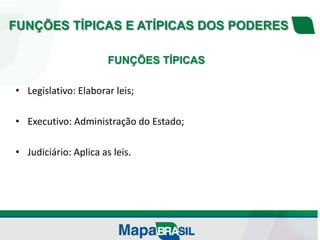 FUNÇÕES TÍPICAS E ATÍPICAS DOS PODERES
FUNÇÕES TÍPICAS
• Legislativo: Elaborar leis;
• Executivo: Administração do Estado;
• Judiciário: Aplica as leis.
 