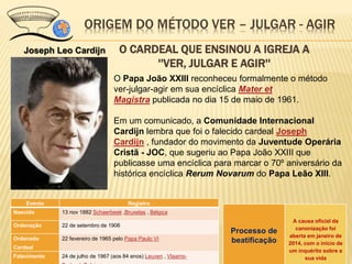 ORIGEM DO MÉTODO VER – JULGAR - AGIR
Evento Registro
Nascido 13 nov 1882 Schaerbeek ,Bruxelas , Bélgica
Ordenação 22 de setembro de 1906
Ordenado
Cardeal
22 fevereiro de 1965 pelo Papa Paulo VI
Falecimento 24 de julho de 1967 (aos 84 anos) Leuven , Vlaams-
Processo de
beatificação
A causa oficial da
canonização foi
aberta em janeiro de
2014, com o início de
um inquérito sobre a
sua vida
O CARDEAL QUE ENSINOU A IGREJA A
''VER, JULGAR E AGIR''
Joseph Leo Cardijn
O Papa João XXIII reconheceu formalmente o método
ver-julgar-agir em sua encíclica Mater et
Magistra publicada no dia 15 de maio de 1961.
Em um comunicado, a Comunidade Internacional
Cardijn lembra que foi o falecido cardeal Joseph
Cardijn , fundador do movimento da Juventude Operária
Cristã - JOC, que sugeriu ao Papa João XXIII que
publicasse uma encíclica para marcar o 70º aniversário da
histórica encíclica Rerum Novarum do Papa Leão XIII.
 