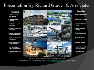 Presentation By Richard Graves & Associates
Marketing
§  Market Research
And Analysis
§  Strategic Market
Planning
§  Media Planning And
Placement
§  Collateral Design and
Production
§  Market Positioning and
Competitive Analysis
§  Customer Relationship
Management
§  Event Planning and
Public Relations
§  Full Marketing And
Sales Representation
§  Web Site Design And
Positioning
Operations
§  Start-up Management
§  Staff Hiring & Training
§  Professional Marina
Design
§  Marina Acquisition
Analysis
§  Project Management
§  Feasibility Studies
§  Operation Manuals
§  Expert Witness and
Certified Mediator
§  Buyer And Seller
Representation
1000 SE 4th Street - Suite 224 — Fort Lauderdale, Florida 33301
Phone: 954-524-2131 — Fax: 954-524-7417 — Email: rvgraves@rgassoc.com — Skype: rvgraves
 