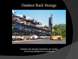 Outdoor Rack Storage
Outside rack storage operations are similar
to the early designs for a boatyards
 