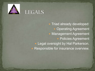 		CASH FLOWDirector level position.Controller Liz Baxter to set up Quickbooks.Lifeline of any business.Careful eye on expenses.Share pricing reflects adequate G&A.Gross Margin 65% plus.No accounts receivables.MMF provides residual income.