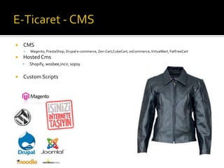 

CMS




Hosted Cms




Magento, PrestaShop, Drupal e-commerce, Zen-Cart,CubeCart, osCommerce, VirtueMart, FatFreeCart

Shopify, wosbee,incir, sopsy

Custom Scripts

 