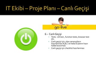 6 – Canlı Geçişi


Tests: UX test , function tests, browser test
etc.
 Canlı geçişi için, olası senaryoların
hazırlanması A,B,C ve hatta D planın hazır
halde bulunması
 Canlı geçişi için checklist hazırlanması

 