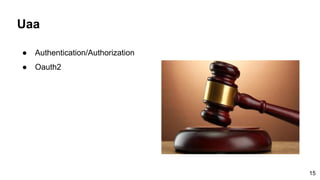 Uaa
● Authentication/Authorization
● Oauth2
15
 