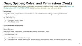 Orgs, Spaces, Roles, and Permissions(Cont.)
Note: An Org Manager needs explicit administrator permissions to perform certain actions. Refer to the Creating and
Managing Users with the UAA CLI (UAAC) topic to learn how to create a user with admin rights.
Org Auditor
Assign this role to people who need to view but not edit user information and org quota usage information.
An Org Auditor can:
● View users and org roles
● View the org quota
Space Roles and Permissions
Space Manager
Assign this role to managers or other users who need to administer a space.
A Space Manager can:
● Add and manage users in the space
● View the status, number of instances, service bindings, and resource use of each application in the space
32
 