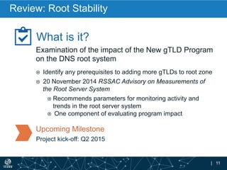 | 11
Review: Root Stability
What is it?
Examination of the impact of the New gTLD Program
on the DNS root system
¤  Identify any prerequisites to adding more gTLDs to root zone
¤  20 November 2014 RSSAC Advisory on Measurements of
the Root Server System
¤  Recommends parameters for monitoring activity and
trends in the root server system
¤  One component of evaluating program impact
Upcoming Milestone
Project kick-off: Q2 2015
 