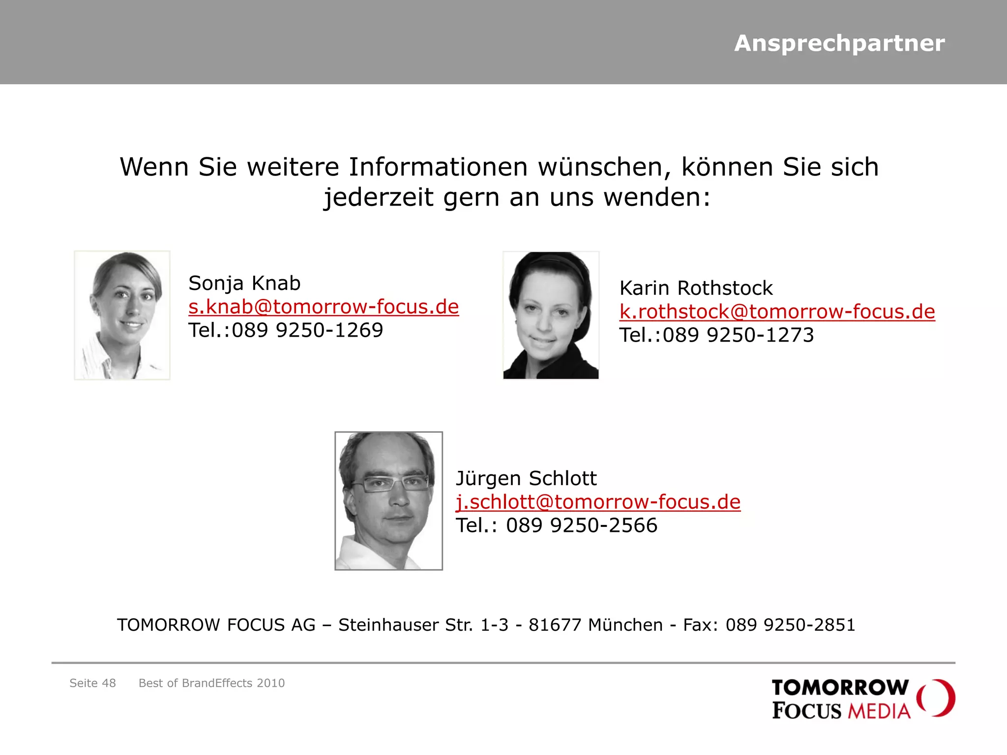 TOMORROW FOCUS AG – Steinhauser Str. 1-3 - 81677 München - Fax: 089 9250-2851
Wenn Sie weitere Informationen wünschen, können Sie sich
jederzeit gern an uns wenden:
Karin Rothstock
k.rothstock@tomorrow-focus.de
Tel.:089 9250-1273
Jürgen Schlott
j.schlott@tomorrow-focus.de
Tel.: 089 9250-2566
Sonja Knab
s.knab@tomorrow-focus.de
Tel.:089 9250-1269
Ansprechpartner
Best of BrandEffects 2010Seite 48
 