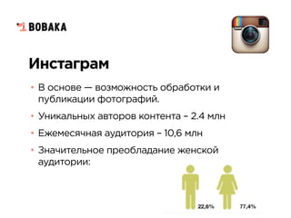 Инстаграм
• В основе — возможность обработки и
публикации фотографий.
• Уникальных авторов контента – 2.4 млн
• Ежемесячная аудитория – 10,6 млн
• Значительное преобладание женской
аудитории:
 