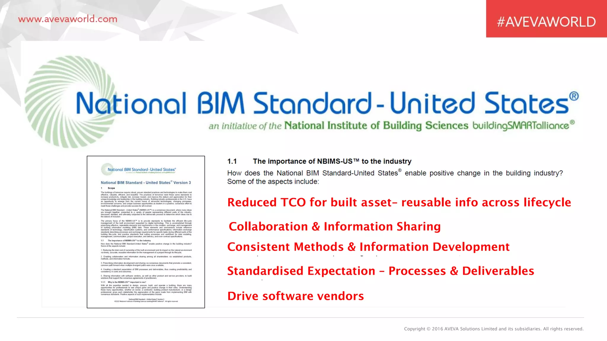 Copyright © 2016 AVEVA Solutions Limited and its subsidiaries. All rights reserved.
Collaboration & Information Sharing
Drive software vendors
Standardised Expectation – Processes & Deliverables
Reduced TCO for built asset– reusable info across lifecycle
Consistent Methods & Information Development
 