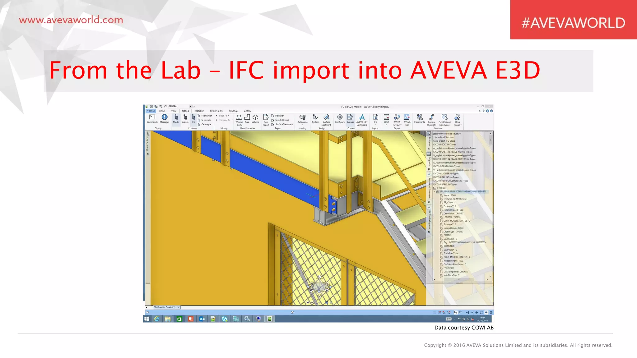 Copyright © 2016 AVEVA Solutions Limited and its subsidiaries. All rights reserved.
From the Lab – IFC import into AVEVA E3D
Data courtesy COWI AB
 