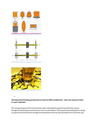 
Twistingsection/Twistingand Amounts of Twist for DifferentMaterials – why isthe amount of twist
in a yarn important :
The rovingcomingout of the frontdeliveryrolleristhreadedthroughthe topof the flyer,passes
throughitshollowlegaroundthe presserarmon to the bobbin.The purpose of providingtwistinroving
isto give the strand sufficientstrengthtowithstandthe strainduringunwindinginthe creel of the ring
 