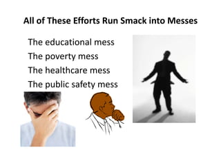 All of These Efforts Run Smack into Messes
The educational mess
The poverty mess
The healthcare mess
The public safety mess

 