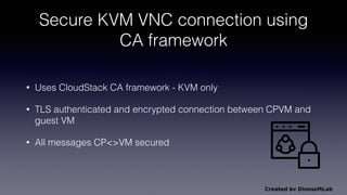 Secure KVM VNC connection using
CA framework
• Uses CloudStack CA framework - KVM only
• TLS authenticated and encrypted c...