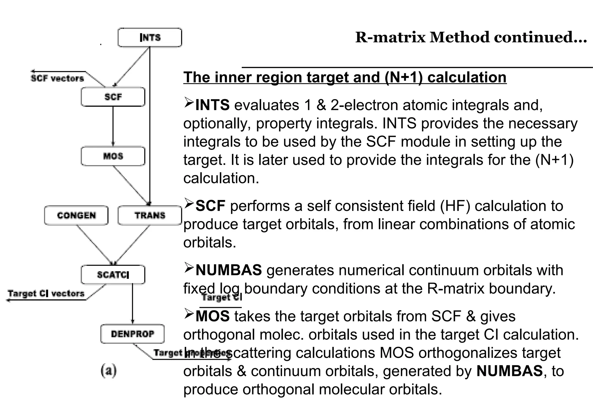 R-matrix Method continued…
R-matrix Method continued…
The inner region target and (N+1) calculation
INTS evaluates 1 & 2-electron atomic integrals and,
optionally, property integrals. INTS provides the necessary
integrals to be used by the SCF module in setting up the
target. It is later used to provide the integrals for the (N+1)
calculation.
SCF performs a self consistent field (HF) calculation to
produce target orbitals, from linear combinations of atomic
orbitals.
NUMBAS generates numerical continuum orbitals with
fixed log boundary conditions at the R-matrix boundary.
MOS takes the target orbitals from SCF & gives
orthogonal molec. orbitals used in the target CI calculation.
In the scattering calculations MOS orthogonalizes target
orbitals & continuum orbitals, generated by NUMBAS, to
produce orthogonal molecular orbitals.
 