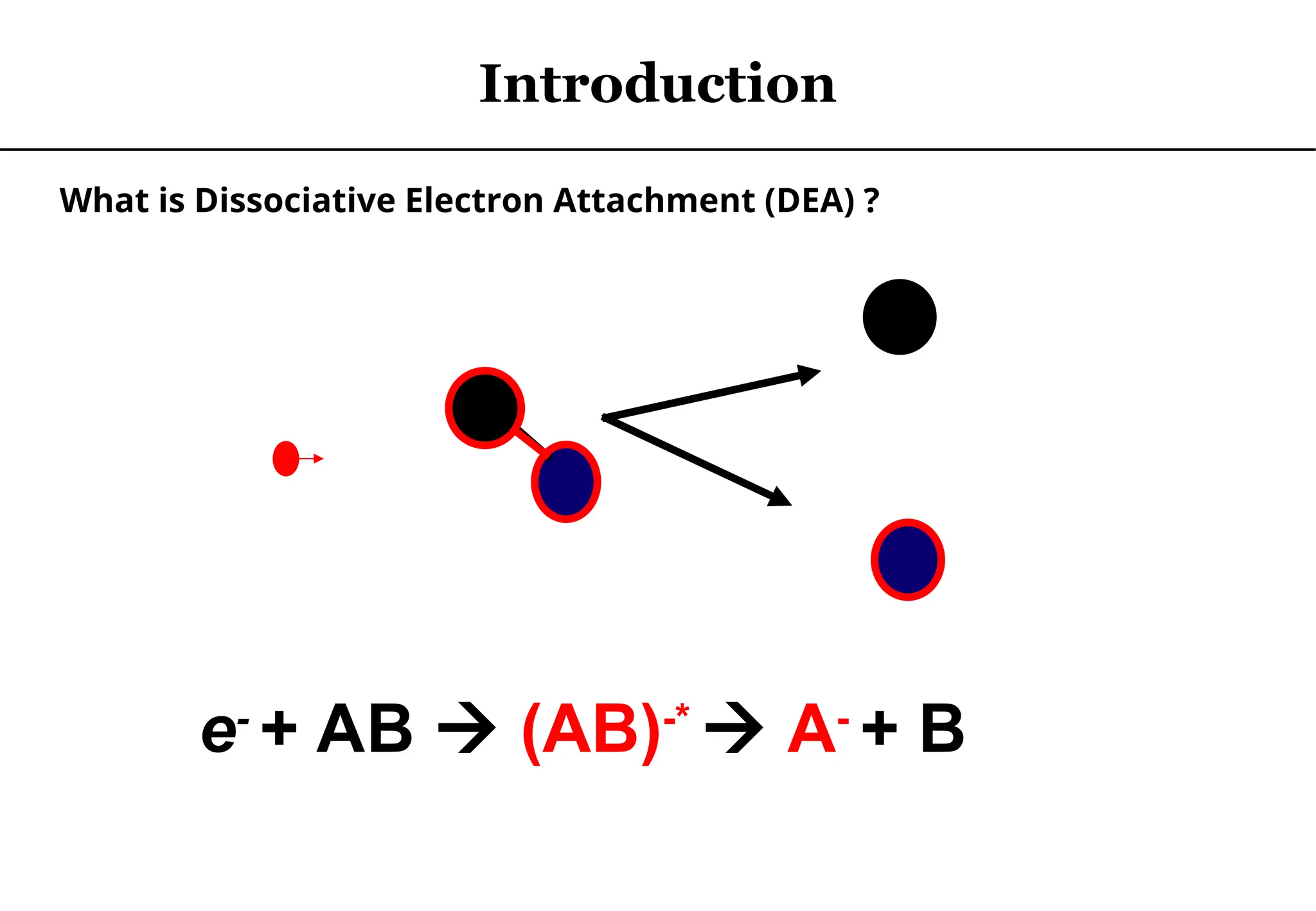 What is Dissociative Electron Attachment (DEA) ?
Introduction
e-
+ AB  (AB)-*
 A-
+ B
 
