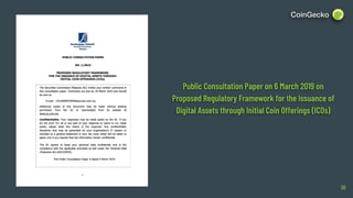 30
Public Consultation Paper on 6 March 2019 on
Proposed Regulatory Framework for the Issuance of
Digital Assets through I...