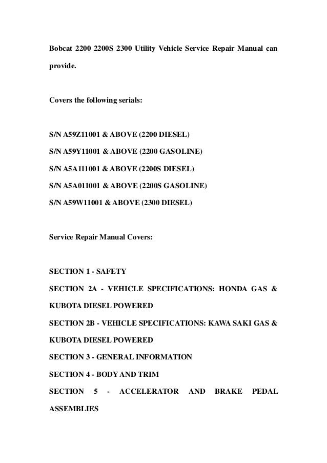 Bobcat 2200 2200 s 2300 utility vehicle service repair workshop manua…