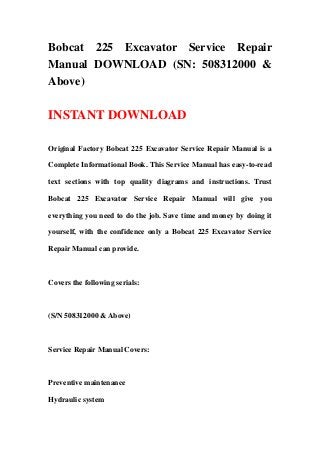 Bobcat 225 Excavator Service Repair
Manual DOWNLOAD (SN: 508312000 &
Above)
INSTANT DOWNLOAD
Original Factory Bobcat 225 Excavator Service Repair Manual is a
Complete Informational Book. This Service Manual has easy-to-read
text sections with top quality diagrams and instructions. Trust
Bobcat 225 Excavator Service Repair Manual will give you
everything you need to do the job. Save time and money by doing it
yourself, with the confidence only a Bobcat 225 Excavator Service
Repair Manual can provide.
Covers the following serials:
(S/N 508312000 & Above)
Service Repair Manual Covers:
Preventive maintenance
Hydraulic system
 
