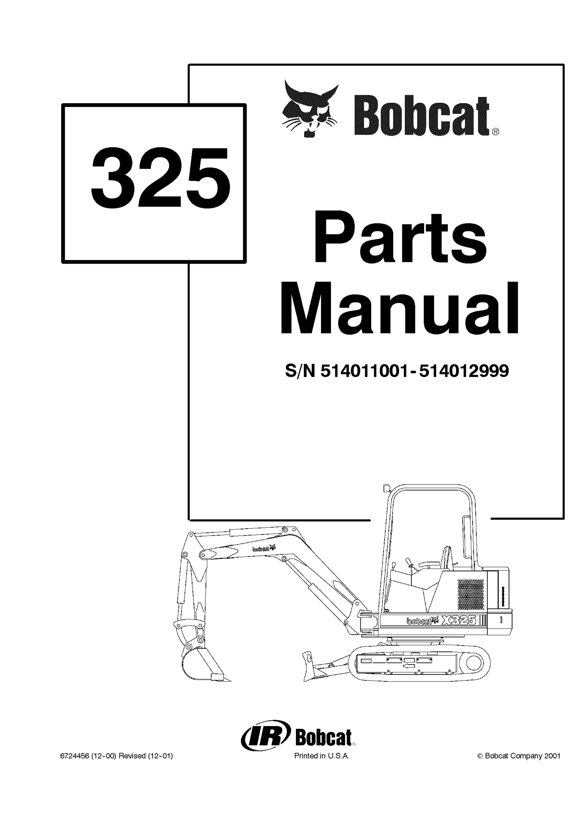 Bobcat 325 excavator parts catalogue manual sn 514011001 514012999 PDF