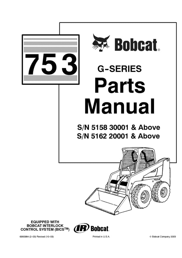 Bobcat 753 g series skid steer loader parts catalogue manual