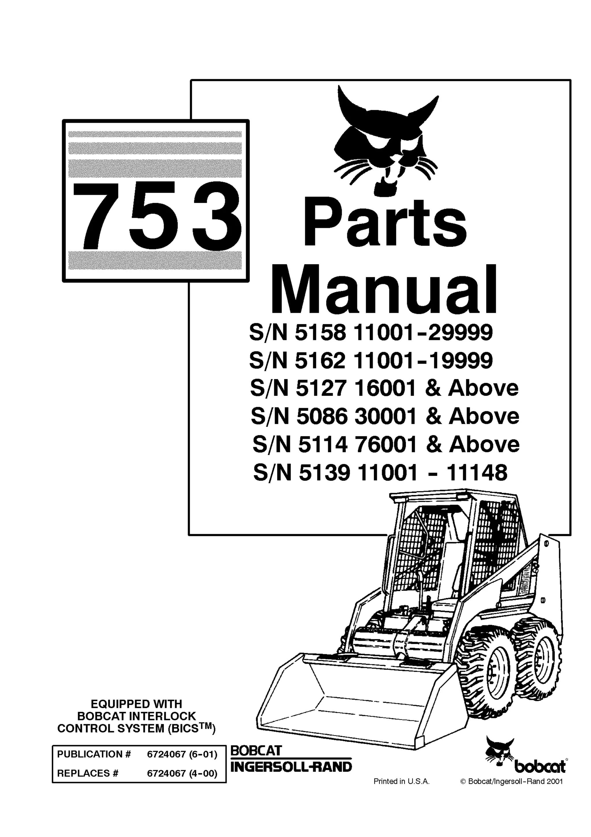 Bobcat 753 skid steer loader parts catalogue manual (sn 511476001 and