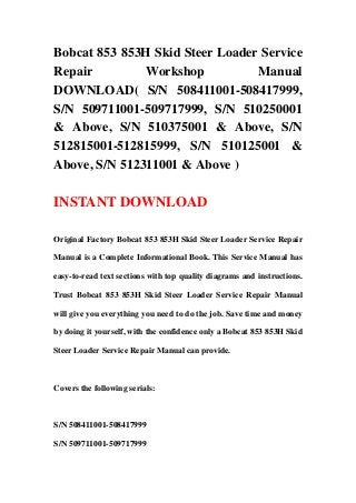 Bobcat 853 853H Skid Steer Loader Service
Repair Workshop Manual
DOWNLOAD( S/N 508411001-508417999,
S/N 509711001-509717999, S/N 510250001
& Above, S/N 510375001 & Above, S/N
512815001-512815999, S/N 510125001 &
Above, S/N 512311001 & Above )
INSTANT DOWNLOAD
Original Factory Bobcat 853 853H Skid Steer Loader Service Repair
Manual is a Complete Informational Book. This Service Manual has
easy-to-read text sections with top quality diagrams and instructions.
Trust Bobcat 853 853H Skid Steer Loader Service Repair Manual
will give you everything you need to do the job. Save time and money
by doing it yourself, with the confidence only a Bobcat 853 853H Skid
Steer Loader Service Repair Manual can provide.
Covers the following serials:
S/N 508411001-508417999
S/N 509711001-509717999
 