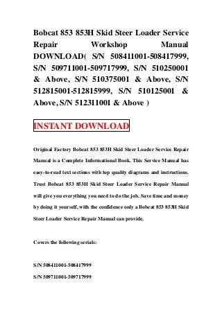 Bobcat 853 853H Skid Steer Loader Service
Repair         Workshop          Manual
DOWNLOAD( S/N 508411001-508417999,
S/N 509711001-509717999, S/N 510250001
& Above, S/N 510375001 & Above, S/N
512815001-512815999, S/N 510125001 &
Above, S/N 512311001 & Above )

INSTANT DOWNLOAD

Original Factory Bobcat 853 853H Skid Steer Loader Service Repair

Manual is a Complete Informational Book. This Service Manual has

easy-to-read text sections with top quality diagrams and instructions.

Trust Bobcat 853 853H Skid Steer Loader Service Repair Manual

will give you everything you need to do the job. Save time and money

by doing it yourself, with the confidence only a Bobcat 853 853H Skid

Steer Loader Service Repair Manual can provide.



Covers the following serials:



S/N 508411001-508417999

S/N 509711001-509717999
 