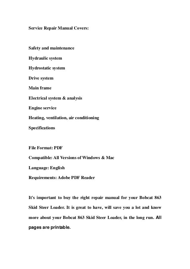 Bobcat 863 Skid Steer Loader Service Repair Workshop Manual Download