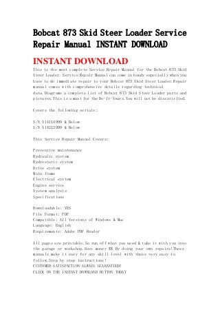Bobcat 873 Skid Steer Loader Service
Repair Manual INSTANT DOWNLOAD
INSTANT DOWNLOAD
This is the most complete Service Repair Manual for the Bobcat 873 Skid
Steer Loader. Service Repair Manual can come in handy especially when you
have to do immediate repair to your Bobcat 873 Skid Steer Loader.Repair
manual comes with comprehensive details regarding technical
data.Diagrams a complete list of Bobcat 873 Skid Steer Loader parts and
pictures.This is a must for the Do-It-Yours.You will not be dissatisfied.
Covers the following serials:
S/N 514114999 & Below
S/N 514212999 & Below
This Service Repair Manual Covers:
Preventive maintenance
Hydraulic system
Hydrostatic system
Drive system
Main frame
Electrical system
Engine service
System analysis
Specifications
Downloadable: YES
File Format: PDF
Compatible: All Versions of Windows & Mac
Language: English
Requirements: Adobe PDF Reader
All pages are printable.So run off what you need & take it with you into
the garage or workshop.Save money $$ By doing your own repairs!These
manuals make it easy for any skill level with these very easy to
follow.Step by step instructions!
CUSTOMER SATISFACTION ALWAYS GUARANTEED!
CLICK ON THE INSTANT DOWNLOAD BUTTON TODAY
 