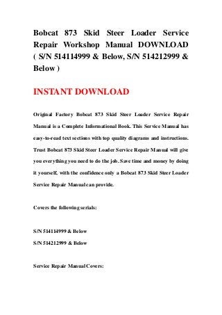 Bobcat 873 Skid Steer Loader Service
Repair Workshop Manual DOWNLOAD
( S/N 514114999 & Below, S/N 514212999 &
Below )
INSTANT DOWNLOAD
Original Factory Bobcat 873 Skid Steer Loader Service Repair
Manual is a Complete Informational Book. This Service Manual has
easy-to-read text sections with top quality diagrams and instructions.
Trust Bobcat 873 Skid Steer Loader Service Repair Manual will give
you everything you need to do the job. Save time and money by doing
it yourself, with the confidence only a Bobcat 873 Skid Steer Loader
Service Repair Manual can provide.
Covers the following serials:
S/N 514114999 & Below
S/N 514212999 & Below
Service Repair Manual Covers:
 